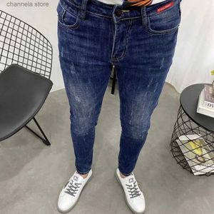 Herren Jeans Herbst Winter Aufkleber Dunkelblau Slim Fit Kurz geschnittene Jeans Herren Kleine Füße No Iron Spirit Guy Stretch Bleistift Denim Designerhose T240227