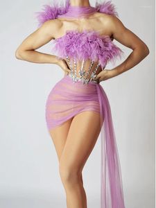 Сценическая одежда, сверкающий бриллиантовый фиолетовый женский корсет, прозрачная сетка, сексуальный наряд, вечерние, клубные, Pograph, для пения