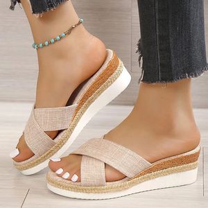 Kvinnor Sandaler Hemp Wedge Heels Sandalias Mujer Platform Sandaler Summer Wedges Shoes For Women Summer Footwear Women Slippers 240221