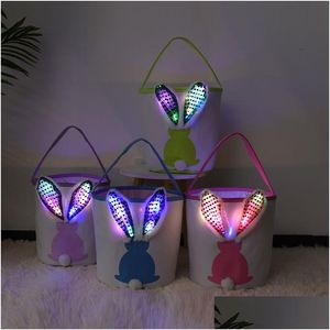 Other Festive & Party Supplies Led Flashing Light Sequin Bunny Easter Basket Handbag Bags Rabbit Egg Hunt Canvas Cotton Bucket Tote Wi Dhmxi