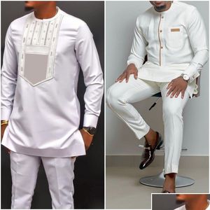 Men'S Tracksuits Mens Kaftan Summer Suit Round Neck Long-Sleeved Top Pants African Male Traditional Outfit National Style 2Pcs Cloth Dhpsx