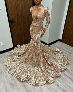 2024 Sexy Champagne Prom Dresses High Neck Illusion Mermaid Long Sleeves Rose Gold Sequined Lace Sequins Evening Dress Prom Gowns Corset Train Zipper Back