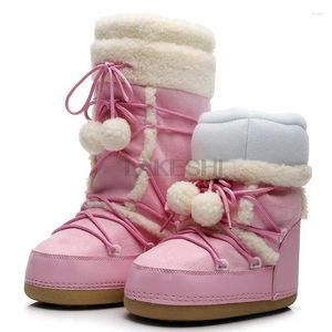 Boots Pink Sweet Winter Women Platform Flat Heel Mid-calf Snow Cold-proof Space Ski Slip-resistant Warm Cotton Shoes