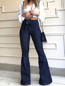 Navy Blue Flared Jeans Autumn HighStretch With Waistband Bell Bottom Wide Legs Denim Pants Womens Denim Jeans Clothing 240219