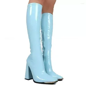 Boots Designer Platform Block High Heels Women Mid Calf Fashion Candy Color Zipper Goth Ladies Shoes Patent Leather
