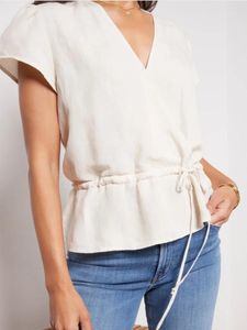 Women's Blouses Shirt 2024 Summer Spring V-Neck Waist Lace-Up Elegant Slim High Street Short-Sleeved Blouse