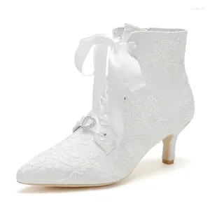 Dress Shoes Lace Kitten Heel Wedding Boots Pointed Toe Lace-up Bridal Heels Ankle Bootie Evening Formal Party Dressy