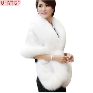 Pelz UHYTGF Herbst Winter Pelzmantel Frauen Medium Lange Achselhöhle Haar Nachahmung Fuchs Pelz Kragen Schal Umhang Jacke Weibliche Elegante Clothing92