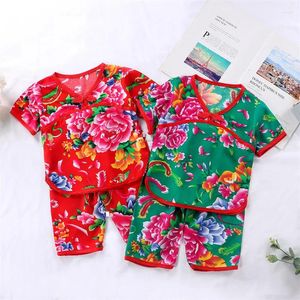Kvinnors sömnkläder Big Flower Print Children's Summer Thin Home Suit kortärmad tvådelar Kinesisk stil Baby Bomullspyjamas