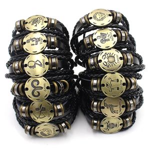 Mens Zodiac Signs Bracelets Punk Bronze Black Leather Charm Bracelet 12 Constellation Braided Rope Bangle Women Adjustable Multilayer Wrap Birthday Jewelry Gifts