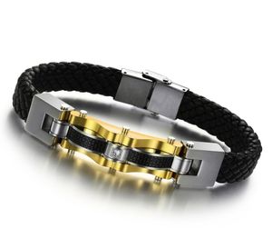 Men039s Echtes hochwertiges schwarzes Lederarmband mit Kohlefaser und CZ-Stein-Inlay3878949