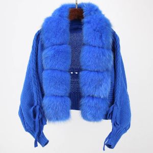 毛皮2023暑い販売秋の冬のリアルフォックスファーコート天然フォックスファートリム韓国女性カーディガンニットセーターショートジャケット