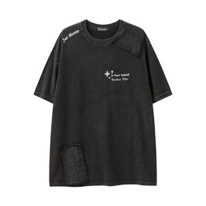 American Street Fashion Patch Washed Distressed Retro Loose Personlighet Bekväm kortärmad tryckt trendigt märke T-shirt