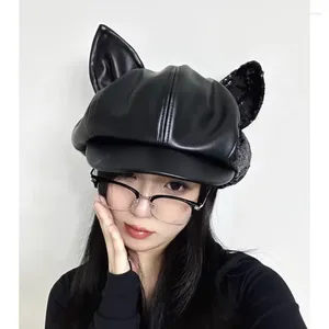 Berets Koreanische Personalisierte Ohren PU Leder Cps Für Frauen Herbst Und Winter Mode Warme Übergroße Retro Wolke Achteckige Hüte