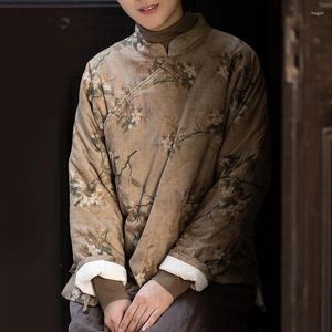 Trench da donna Johnature Donna Stile cinese Stampa floreale Parka Stand manica lunga 2024 Cintura invernale con bottoni in lino caldo