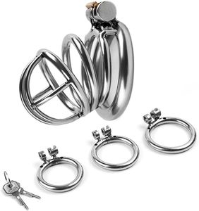 Chastity Cage for Men Steel Chastity Devices Cock Cage Male Chastity Belts Penis Cage Premium Metal Silver Locked Cage Sex Toy for Men (3 Rings), Lock and 2 Keys Included.