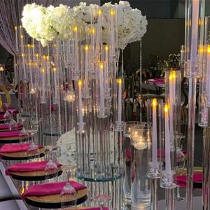 Wholesale 10 Arms Long Stemmed Modern Clear Acrylic Tube Hurricane Crystal Candle Holders Wedding Table Centerpieces Can