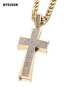 Hip hop jóias grande cruz pingente gelado para fora brilhando cristal moda bling cruz masculino corrente colar jóias2913780