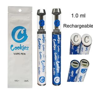 Cookies engångsvape penna enhet 1.0 ml baljor förpackningspåsar laddningsbara 240 mAh batteritjock olja e cigaretter ångor oem 2 färger vita blå pennor tomma