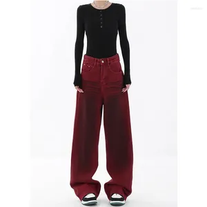 Women's Jeans Fashion Vintage Red Straight Casual High Waist Street Style Pants Korean Wide Leg Baggy Y2K Denim Trouser