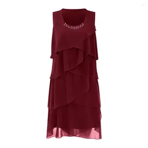Casual Dresses Versatile Solid Color Dress Loose Fit Mini Chic Women's Layered Chiffon O-neck Sleeveless Sheath For Summer