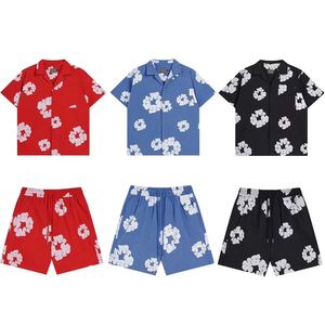 Deni Kapok Print Set Ny Lapel Shirt Vacker mode Löst avslappnade män och kvinnor par strandshorts setm-xxl