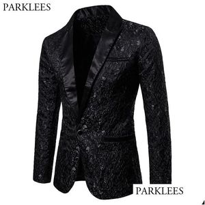 Men'S Suits Blazers Mens Black Jacquard Bronzing Floral Blazer Men Luxury Brand Single Button Suit Jacket Wedding Party Stage Cost Dhz6J