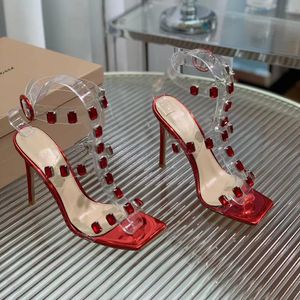 حزام الكاحل ذو الكاحل العالي الكعب الكبير للأحجار الكريمة حجارة TPU Open Open Tee Women Women's Bress Shoes مصمم فاخر High Heels Factory Footwear