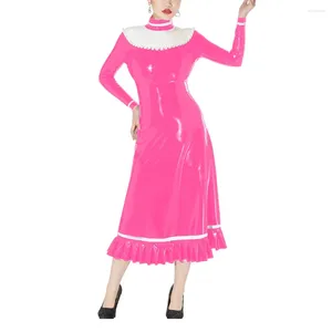 Vestidos casuais pvc brilhante alto pescoço babados midi a linha vestido de festa elegante manga longa retalhos magro queimado sexy wetlook fetiche vestido