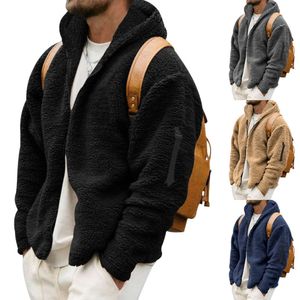 New Men's Solid Color Cotton Jacket with Plush Thick Hooded Sweater for Autumn and Winter