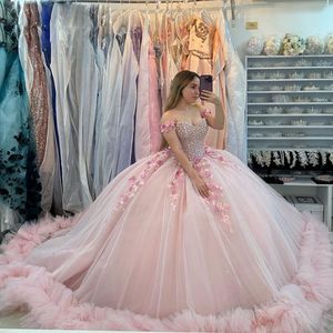 Rosa quinceanera klänningar älskling från axel kristallboll klänning söt 15 prom klänning junior flickor födelsedag vestidos de 15 anos