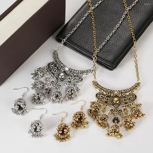 Dangle brincos boho étnico brinco colar conjunto feminino antigo liga de ouro luxo casamento retro sino borla jhumka jóias