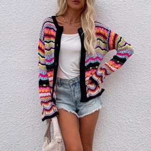 Striped Sweater Womens Autumn and Winter Loose Rainbow Casual Open Hollow Knitted Shirt Womens Cardigan 240219
