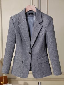 Blazers cinza damasco marrom sólido feminino blazer formal para outono inverno senhoras feminino manga longa único botão casaco fino