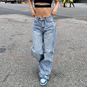 Kvinnors jeans kvinnor avslappnad lös icke -stretch fast färgknappficka byxor byxor baggy kläder