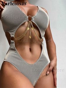 Women's Swimwear Sexy Ribbed Tummy Cut Out Metal Rings Women Swimwear One Piece Swimsuit Female High Cut Monokini Bather Bathing Suit Swim V4283 T240227