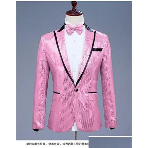 Mäns kostymer blazers mens rosa paljett en knapp klänning märke nattklubb prom män kostym jacka bröllop scen sångare kostym bowtie inc dhtpu