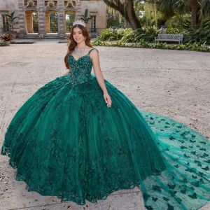 Luxury Green Butterfly Quinceanera Dresses Appliques Ball Gown Cape Beades Sweet 16 Dress Corset Detachable Train Long Princess Special Occasion Gowns