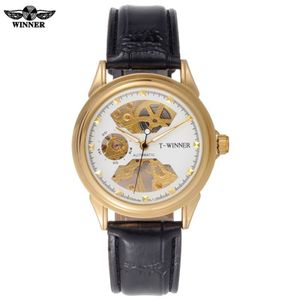 Männer mechanische uhren skelett uhren WINNER marke business hand wind armbanduhren für männer lederband weibliche geschenk uhr2644