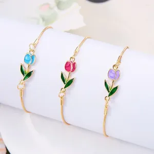 Link pulseiras japão coreia elegante tulipa rosa pulseira para mulheres meninas doce colorido flor metal corrente jóias femininas atacado