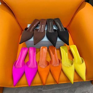 new Top quality Real silk Pointed toes Mules slippers sandal Low heels Yellow green rose-red black Luxury designer slipper Factory footwear With box