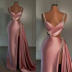 Pink Sheath Evening Gown elegant Beaded Straps V Neck Party Prom Dresses Ruffle Sweep Train Split Formal Long Dress for special occasion