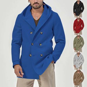 Nowy wełniany płaszcz wełniany płaszcz o średniej długości mężczyzn z kapturem zwykłej solidnej kurtki