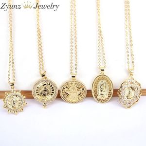 10PCS Crystal CZ Cubic Zirconia Virgin Mary Pendant Copper Pendants Necklaces Gold Color Chain Jewelry253V