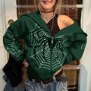 Spider Web Print Hoodies Damen Reißverschluss Langarm Jacke Grunge Y2k Übergroße Streetwear Herbst Winter Kapuzen Grafik Sweatshirt 240219