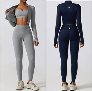 LL Womens Yoga Outfit Three Pieces Suits Set Vest+Pants+Jackets Exercise Close-Fitting Fitness Wear Running Elastic Workout Sportswear High Waist Tracksuit ll8347