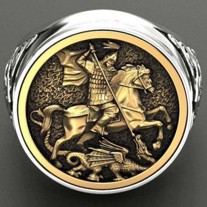 Vintage suwerenna pierścień mężczyzn St George Portret Złota Rzymska Kawaleria Dragon Pierścienie dla kobiet Boho Nordic Mythology Viking Jewelry252N