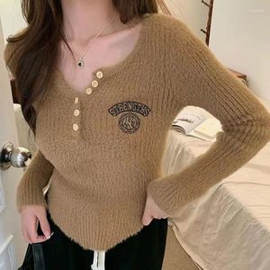 Women's T Shirts Ladies Thin Autumn Winter Interior Lapping T-Shirts Solid Tops Knitting Casual Simplicity Pullovers Buttons Women Clothing