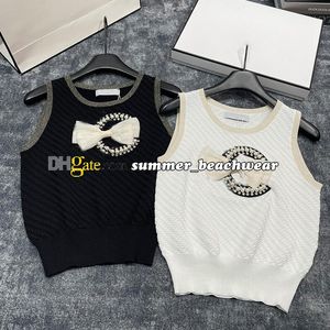 Bows Adorn Knitted Vests Sleeveless Tight Knit Top Woman Sweater Outdoor Sports Beads Embroidery Letters Shirts Summer Knit Tee