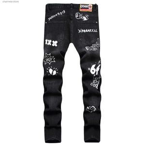 Calças de brim masculinas moda rua hip-hop jeans homens elástico fino ajuste rasgado jeans de alta qualidade 2023 novo masculino estilo punk calças jeans preto t240228